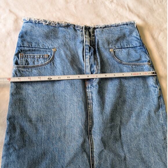 FRAME Blue Sea Cut Off Waist Denim Front Slit A-line Midi Maxi Skirt - Picture 9 of 11